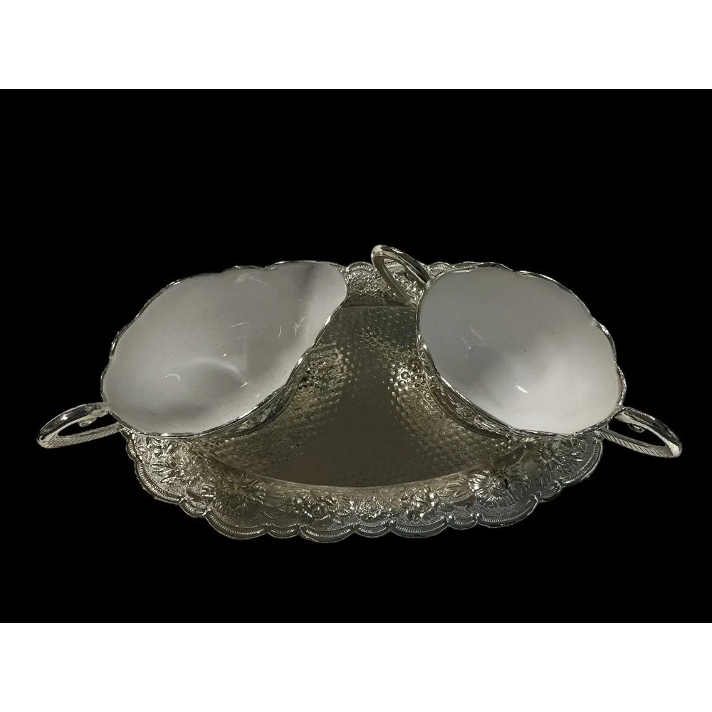 Vintage Silver Plated White Enamel Sugar And‎ Creamer Set With Tray Japan
